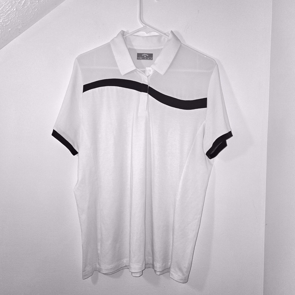 Callaway Opti-Dri Womens XL Golf Polo Shirt White Navy Blue Mesh Back Striped